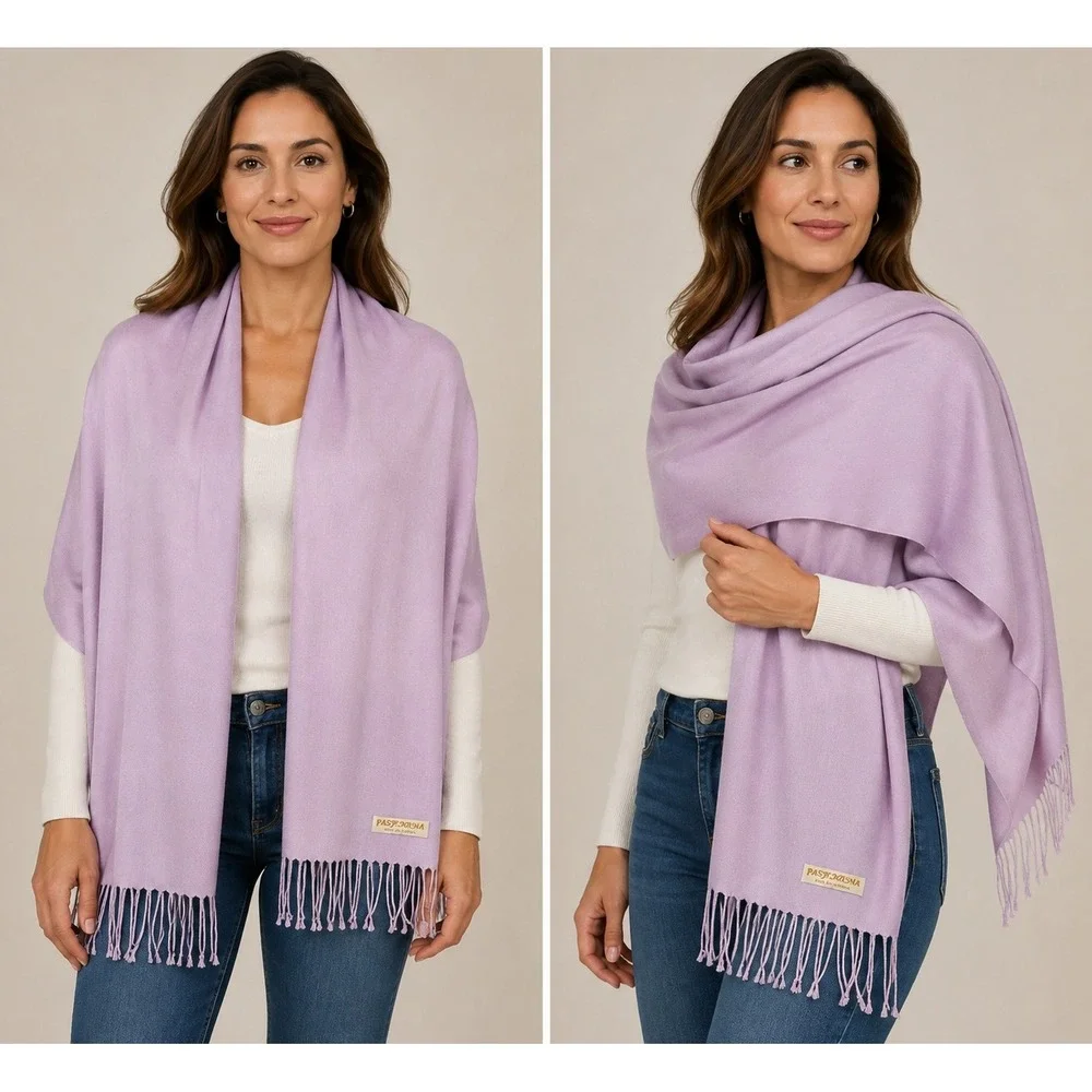 Light Purple Pashmina Shawl Wrap Scarf with Fringe Lilac Solid Twill Wrap